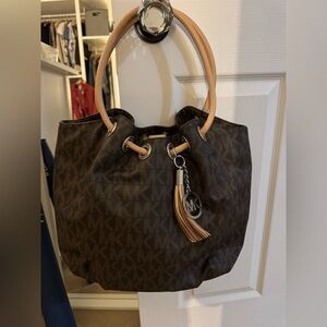 Michael Kors Dark Brown Logo Drawstring Hobo with Tan Handles